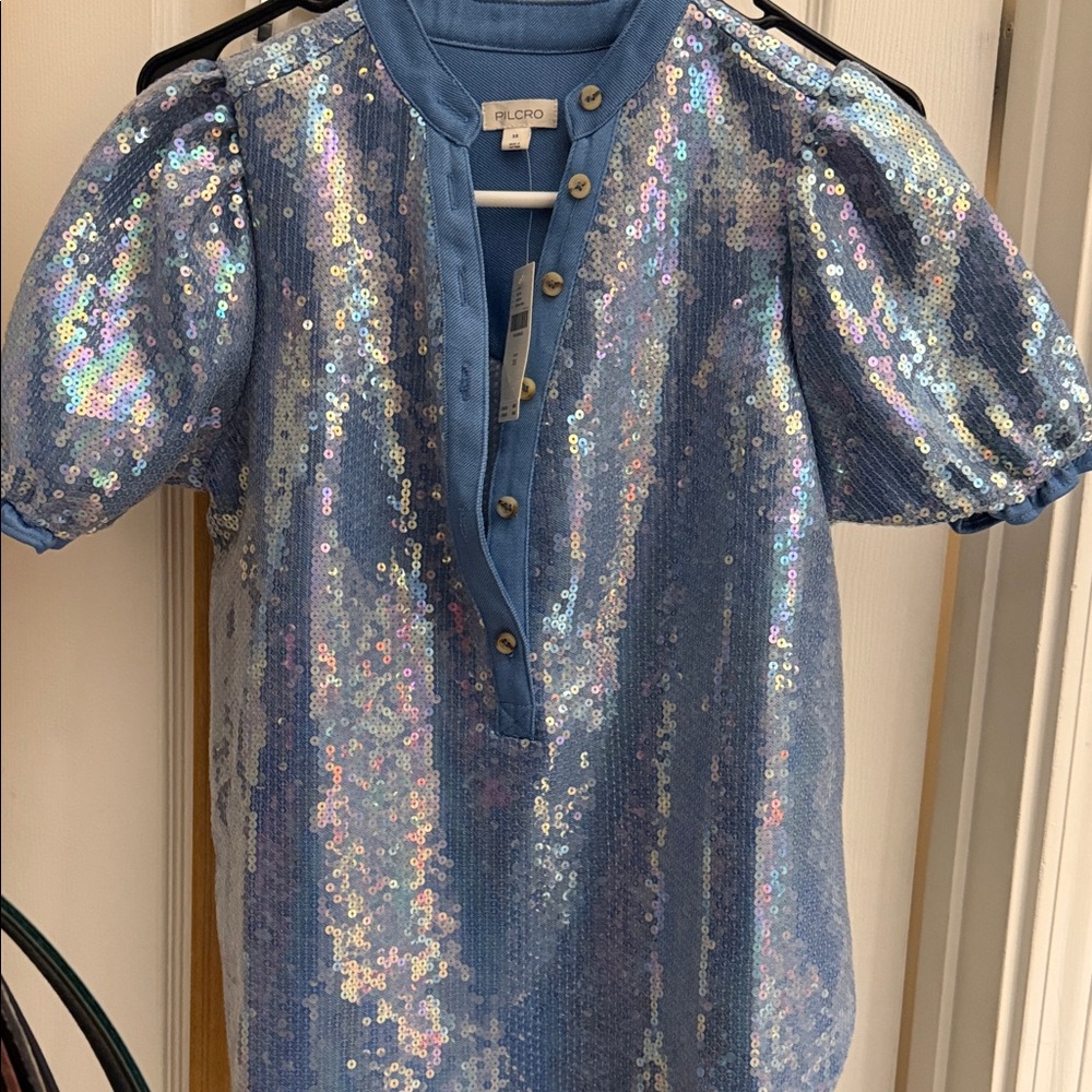 Pilcro Light Blue Sequin Puff-Sleeve Blouse - Picture 2 of 5